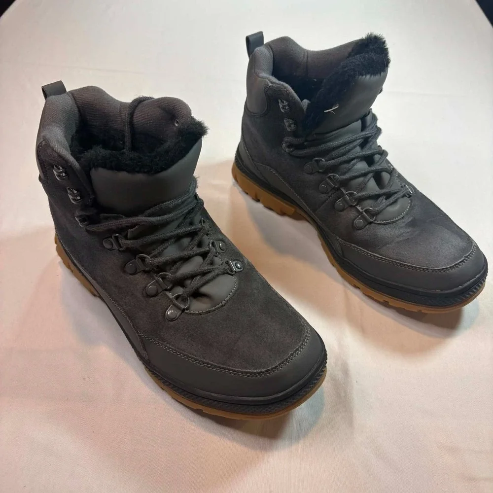 Waterproof Winter Hiking Boots Gray Suede Faux Fur Lined Gum Sole Comfort 41 men